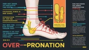Illustration depicting a foot showing overpronation and flat feet, highlighting areas of discomfort and treatment options.