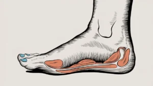 Illustration depicting a foot showing overpronation and flat feet, highlighting areas of discomfort and treatment options.